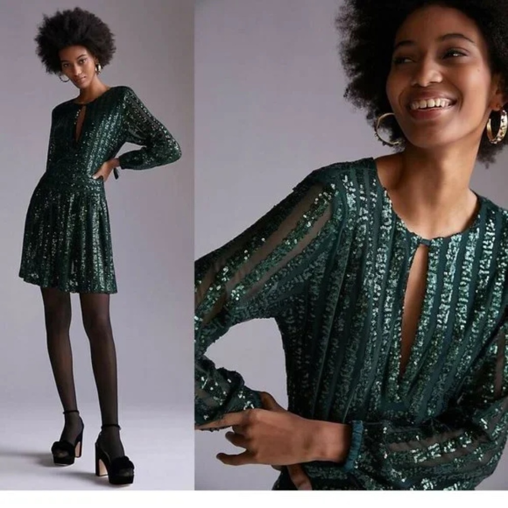 Anthropologie Sequined Open-Back Mini Dress Green